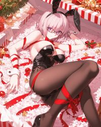  ai-generated animal_ear_hairband animal_ears bare_shoulders breasts fake_animal_ears fake_tail fate/grand_order fate_(series) female hairband highres large_breasts looking_at_viewer mash_kyrielight playboy_bunny purple_eyes purple_hair rabbit_ears rabbit_girl rabbit_tail short_hair solo tail tarte_(hodarake) thighs 