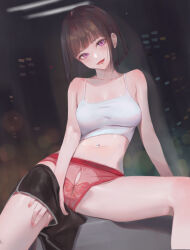  absurdres against_window arm_support armpit_crease arms_at_sides bench between_legs black_shorts blunt_ends blurry bokeh breasts brown_hair building ceiling_light city city_lights cityscape cleavage closed_mouth collarbone commentary_request cowboy_shot crop_top depth_of_field dolphin_shorts eye_piercing face_piercing female fingernails hand_between_legs head_tilt highres indoors lace lace_panties large_breasts light_smile lip_piercing looking_at_viewer nail_polish navel navel_piercing nekobell night on_bench original panties piercing purple_eyes red_lips red_nails red_panties reflection see-through_clothes see-through_panties short_hair shorts shorts_around_one_leg sidelocks sitting skyscraper solo stomach tank_top thighs underwear white_tank_top window 