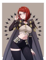  absurdres asymmetrical_clothes asymmetrical_pants black_bridal_gauntlets black_leggings black_pants breasts bridal_gauntlets clothing_cutout commission commissioner_upload crop_top diagonal_bangs female fire_emblem fire_emblem_awakening glasses hair_tubes highres large_breasts leg_cutout leggings looking_at_viewer midriff miriel_(fire_emblem) navel pants red-framed_eyewear red_eyes red_hair rein_creamsoda sage_outfit_(fire_emblem_engage) single_pantsleg solo stomach stomach_cutout 