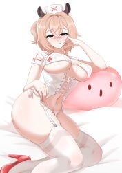  absurdres alternate_costume animal_ears arm_rest biting_own_lip black_eyes bra breastless_clothes breasts brown_hair center_cross_lace commentary cross-laced_clothes crossed_bangs dress empty_eyes female fingernails garter_belt hair_ribbon hat head_rest high_heels highres indie_virtual_youtuber large_breasts looking_at_viewer medium_hair mole mole_on_ass mole_on_breast mole_on_thigh multiple_moles naplings_(nimi_nightmare) nimi_nightmare nurse_cap one_side_up panties red_nails red_shoes revealing_clothes ribbon seekorplatypus shoes short_sleeves side-tie_panties sitting solo stomach tapir_ears tapir_girl thighhighs underwear virtual_youtuber white_bra white_dress white_panties white_thighhighs yokozuwari 
