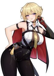  absurdres aemilo arm_strap bare_shoulders black_capelet black_choker black_gloves black_pants black_shirt blonde_hair bodystocking braid braided_bun breasts capelet chest_harness choker collared_shirt commentary contrapposto cowboy_shot dated_commentary elbow_gloves evelyn_chevalier female gloves hair_bun hand_on_own_hip hand_up harness high-waist_pants highres large_breasts looking_at_viewer lower_teeth_only mole mole_under_eye necktie pants parted_lips partially_fingerless_gloves partially_unzipped pendant_choker purple_eyes raised_eyebrows red_capelet red_gloves ring_hair_ornament shirt short_hair simple_background single_elbow_glove single_hair_bun sleeveless sleeveless_shirt smile solo standing symbol-only_commentary symbol-shaped_pupils tassel teeth tight_clothes tight_pants transparent_background two-sided_capelet two-tone_gloves two-tone_shirt white_shirt yellow_necktie zenless_zone_zero zipper_pull_tab 