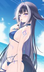 :p ahoge arm_tattoo belt_collar bikini blue_bikini blue_hair blue_nails blue_sky breasts cetacean_tail cloud collar facial_mark female finger_to_mouth fins fish_tail from_side heart heart_ahoge highres horizon indie_virtual_youtuber kiriii long_hair looking_at_viewer medium_breasts multi-strapped_bikini_bottom multicolored_hair ocean orca_girl purple_eyes shylily shylily_(bikini) sideboob sky solo standing stomach_tattoo streaked_hair swimsuit tail tattoo thigh_strap tongue tongue_out very_long_hair virtual_youtuber white_hair 