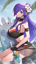  absurdres armband ass bare_arms bare_shoulders between_breasts bikini bikini_skirt black_bikini black_choker black_gloves breasts choker cleavage collarbone commentary cropped female female_shez_(fire_emblem) female_shez_(summer)_(fire_emblem) fingerless_gloves fire_emblem fire_emblem:_three_houses fire_emblem_heroes fire_emblem_warriors:_three_hopes flower gloves gonzarez hair_flower hair_ornament hair_over_one_eye half_updo highres holding large_breasts long_hair looking_at_viewer navel official_alternate_costume purple_eyes purple_hair see-through_clothes sitting smile solo stomach surfboard swimsuit thighs very_long_hair whistle whistle_around_neck 