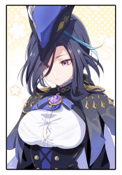  absurdres black_corset black_hair blue_cape blue_hat border bra_visible_through_clothes breasts bursting_breasts button_gap cape clorinde_(genshin_impact) closed_mouth commentary_request corset epaulettes female genshin_impact gloves hat hat_feather highres kabu_usagi large_breasts long_hair purple_eyes shirt solo taut_clothes taut_shirt tricorne upper_body vision_(genshin_impact) white_border white_gloves 