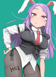  animal_ears black_jacket black_leotard blazer blue_background breasts character_name closed_mouth collared_shirt commentary contrapposto cookie_(touhou) cowboy_shot female grey_pantyhose hand_on_own_hip highres hisui_(cookie) jacket large_breasts leotard leotard_under_clothes long_hair long_sleeves looking_at_viewer necktie pantyhose pink_eyes pura_(aiueo256375) purple_hair rabbit_ears rabbit_girl red_necktie reisen_udongein_inaba shirt simple_background solo swept_bangs symbol-only_commentary thighband_pantyhose touhou very_long_hair white_shirt 