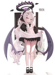  ahoge alternate_costume alternate_hairstyle apron artist_name bare_legs black_bow black_bowtie black_dress black_halo black_horns black_shoes blue_archive blush bow bowtie cameltoe closed_mouth clothes_lift commentary_request demon_girl demon_horns demon_wings double-parted_bangs dress dress_lift enmaided eyelashes female forehead frilled_apron frilled_dress frills full_body hair_between_eyes hair_ornament hairclip halo heart highres hina_(blue_archive) horns huge_ahoge juliet_sleeves lifting_own_clothes long_hair long_sleeves looking_at_viewer low_twintails low_wings maid maid_apron mary_janes multiple_horns nekoya_(liu) panties parallel_hairclips puffy_sleeves purple_eyes sample_watermark shoes sidelocks simple_background slit_pupils socks solo standing sweatdrop thighs tsurime twintails twitter_username underwear very_long_hair watermark white_apron white_background white_hair white_panties white_socks wings 