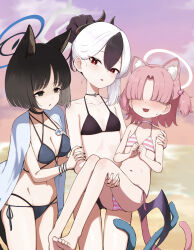  3girls absurdres animal_ears barefoot bikini black_hair black_horns blue_archive blue_bikini blush breasts carrying carrying_person cat_ears cat_tail chlorella_observation_club_member_(blue_archive) cleavage collarbone commentary_request demon_horns groin hair_bun hair_over_eyes halo highres horns kayoko_(blue_archive) kikyou_(blue_archive) kikyou_(swimsuit)_(blue_archive) large_breasts mole mole_on_neck multiple_girls navel official_alternate_costume open_mouth outdoors parted_bangs parted_lips pink_bikini purple_wings red_eyes shiroiurushi short_hair single_hair_bun single_wing small_breasts standing stomach sweat swimsuit tail two_side_up white_hair wings 