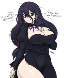  bags_under_eyes black_shrug breasts cleavage cleavage_cutout closed_mouth clothing_cutout commentary corset earrings english_commentary english_text eyelashes female graphicthereal hair_between_eyes heart hex_maniac_(pokemon) hex_maniac_(pokemon_legends:_z-a) jewelry large_breasts pokemon pokemon_legends:_z-a purple_eyes purple_pupils shrug_(clothing) signature simple_background smile solo speech_bubble standing thighs white_background 