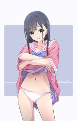  black_hair blue_eyes closed_mouth clothes_lift dated female highres lifting_own_clothes looking_at_viewer monai-chan_(nii_manabu) navel nii_manabu original panties pink_shirt sailor_collar school_uniform shirt shirt_lift side-tie_panties signature smile solo underwear white_panties white_sailor_collar 