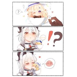  !? &gt;_&lt; 2girls ? absurdres black_gloves black_horns blonde_hair blush collared_shirt commentary cup curled_horns derivative_work english_commentary gloves hat heart highres holding holding_cup horns kissing kissing_cheek long_hair looking_at_another mikori mini_person mole mole_under_eye multiple_girls necktie one_eye_closed phoebe_(wuthering_waves) purple_eyes red_eyes red_necktie shirt spoken_blush spoken_question_mark teacup white_hat white_shirt wuthering_waves yuri zani_(wuthering_waves) 