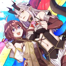  :d ahoge breasts brown_hair brown_lips color-les commentary couple dragon_girl dragon_horns dragon_tail english_commentary fingernails flag hand_on_another&#039;s_hip heart heart_hands height_difference highres holding holding_flag horns large_breasts lesbian_flag lgbt_pride lips long_hair mage_and_demon_queen malori_crowett monster_girl navel off_shoulder official_art pointy_ears purple_eyes red_nails sharp_fingernails short_hair small_breasts smile tail teeth upper_teeth_only velverosa yellow_eyes yuri 