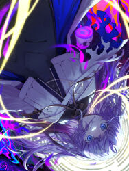  arcaea black_gloves black_pantyhose bow broken_arm cowboy_shot earrings empty_eyes female gloves hair_between_eyes highres insight_(arcaea) jewelry long_sleeves pantyhose purple_eyes shirt smile solo upside-down user_yxau2454 white_hair white_shirt yellow_bow 