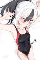  absurdres alternate_costume arms_up bare_arms bare_shoulders black_hair black_one-piece_swimsuit blue_archive blush demon_girl demon_horns demon_wings female hair_between_eyes highres horns isocha kayoko_(blue_archive) long_hair looking_at_viewer multicolored_hair one-piece_swimsuit parted_lips red_eyes sidelocks single_wing solo swimsuit two-tone_hair wet white_hair wings 