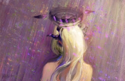  bare_back bare_shoulders blue_archive demon_girl demon_horns female from_behind grey_hair halo hina_(blue_archive) horns long_hair painterly purple_halo solo wucai_banlan_yu 