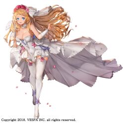  arm_up bare_shoulders blonde_hair blue_eyes breasts bridal_gauntlets bridal_veil bride cleavage commentary detached_collar dress dress_flower female floating_clothes floating_hair flower frey_(king&#039;s_raid) full_body garter_straps hair_flower hair_ornament hand_in_own_hair high-low_dress high_heels hwansang_jungdog king&#039;s_raid large_breasts long_hair looking_at_viewer off-shoulder_dress off_shoulder official_alternate_costume official_art petals pink_flower pink_ribbon purple_ribbon red_flower ribbon shoes short_dress simple_background smile solo thighhighs veil very_long_hair wedding_dress white_background white_dress white_flower white_shoes white_thighhighs white_veil wind wind_lift 