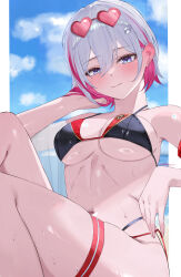  absurdres bare_shoulders bikini black_bikini blue_eyes blush breasts cloud cloudy_sky colored_inner_hair female grey_hair heart heart-shaped_eyewear highres honkai:_star_rail honkai_(series) large_breasts legs looking_at_viewer miya-chan_(lightning0730) multicolored_hair navel out_of_frame ribs see-through_clothes short_hair signature sky solo string_bikini sunglasses swimsuit thigh_strap topaz_(honkai:_star_rail) 