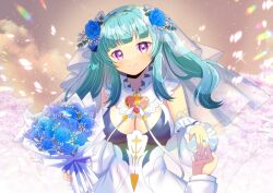  1boy blue_flower blue_rose bouquet breasts cleavage closed_mouth commentary_request commission detached_sleeves dress female flower glitch_stars green_hair heart holding holding_bouquet kou_hiyoyo large_breasts long_hair long_sleeves looking_at_viewer majokko_meimi out_of_frame puffy_long_sleeves puffy_sleeves purple_eyes rose see-through_clothes smile solo_focus twintails veil vgen_commission virtual_youtuber white_dress white_sleeves 