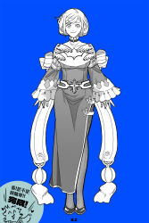  blue_background cardinal_(ragnarok_online) chinese_commentary chinese_text choker cleavage_cutout closed_mouth clothing_cutout commentary_request cross cross_choker dress fake_wings female frilled_sleeves frills full_body greyscale_with_colored_background long_sleeves looking_at_viewer pantyhose ragnarok_online shoes short_hair simple_background smile solo standing two-tone_dress wings z.i 
