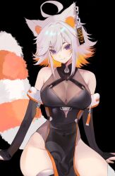  absurdres ahoge animal_ears bare_shoulders black_leggings breasts demenishki fangs female highres indie_virtual_youtuber jewelry large_breasts leggings leotard orange_hair pelvic_curtain pillow purple_eyes red_panda_ears red_panda_girl red_panda_tail see-through_clothes see-through_leotard short_hair sitting smile solo white_hair 