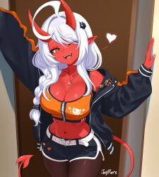  absurdres ahoge artist_name belt black_jacket black_pantyhose black_shorts braid breasts buckle cleavage colored_skin commentary demon_girl demon_horns demon_tail dolphin_shorts ember_(jay_flare) english_commentary fangs female hair_ornament hair_over_shoulder heart heart-shaped_buckle heart_necklace highres horns huge_ahoge indoors jacket jay_flare jewelry large_breasts long_hair long_pointy_ears long_sleeves looking_at_viewer micro_shorts midriff navel necklace off_shoulder one_eye_closed open_clothes open_jacket open_mouth orange_eyes orange_sports_bra original pantyhose pointy_ears puffy_long_sleeves puffy_sleeves red_skin shorts smile solo sports_bra tail very_long_hair white_belt white_hair 