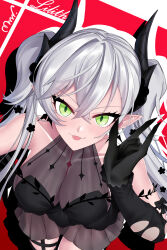  bare_shoulders black_dress black_hands blush body_markings breasts character_name colored_extremities crossed_bangs demon_girl demon_horns dress earrings fate/grand_order fate_(series) female green_eyes grey_hair hair_between_eyes highres horns jewelry large_breasts leaning_forward lilith_(fate) lilith_(fgo_fes._2025)_(fate) long_hair looking_at_viewer mrnn pointy_ears see-through_cleavage see-through_clothes smile solo tongue tongue_out twintails very_long_hair 