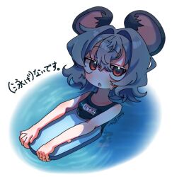  animal_ears blue_one-piece_swimsuit bodyboard breasts commentary cookie_(touhou) female grey_hair hair_intakes looking_at_viewer mouse_ears nazrin nyon_(cookie) one-piece_swimsuit open_mouth qrteg87yhl16571 red_eyes ripples short_hair small_breasts solo swimsuit symbol-only_commentary touhou upper_body 