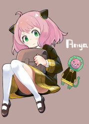 anya_(spy_x_family) bag cone_hair_bun director_chimera_(spy_x_family) female green_eyes hair_bun kneehighs looking_at_viewer monomono pink_hair school_uniform socks solo spy_x_family thighs 