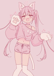  :d animal_ear_fluff animal_ears animal_hands blush brown_background cat_ears cat_girl cat_tail choker commentary_request crop_top dolphin_shorts drooling female flying_sweatdrops gloves heart heart-shaped_pupils highres jigatei_(omijin) long_hair long_sleeves midriff mouth_drool navel oerba_yun_fang off_shoulder original paw_gloves pink_hair pink_shirt pink_shorts puffy_long_sleeves puffy_sleeves romaji_text shirt short_shorts shorts simple_background smile solo sweat symbol-shaped_pupils tail thighhighs twintails very_long_hair white_choker white_gloves white_thighhighs 