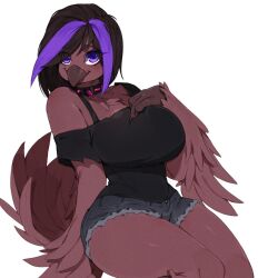  anthro avian beak big_breasts bird bottomwear breasts brown_body brown_feathers clothed clothed_female clothing collar daisy_dukes denim denim_bottomwear denim_clothing denim_shorts feathers female hair highlights_(coloring) hotpants looking_at_viewer non-mammal_breasts pinup pose punipaws purple_eyes purple_hair shirt shorts sitting solo spiked_collar spikes tail tail_feathers thick_thighs topwear wide_hips 