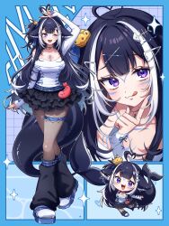  :q absurdres ahoge black_hair black_skirt black_socks body_markings breasts cetacean_tail chibi cleavage crown facial_mark female fins fish_skeleton_hair_ornament fish_tail hair_ornament hairclip heart heart_ahoge highres ichiko_1234 indie_virtual_youtuber loose_socks mini_crown miniskirt off-shoulder_shirt off_shoulder one_eye_closed orca_girl pantyhose purple_eyes shirt shoes shylily skirt sleeves_past_wrists socks tail thigh_strap tongue tongue_out v virtual_youtuber white_hair white_shirt white_shoes 