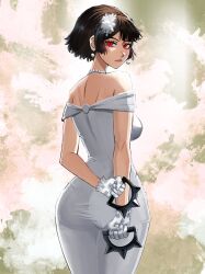  absurdres ass bare_shoulders breasts brown_hair chaosoded closed_mouth cowboy_shot dress earrings english_commentary female floating_earrings flower from_behind gloves hair_flower hair_ornament highres holding holding_weapon jewelry large_breasts lips looking_at_viewer looking_back necklace niijima_makoto off-shoulder_dress off_shoulder official_alternate_costume pearl_earrings pearl_necklace persona persona_5 persona_5_tactica pink_lips red_eyes short_hair solo spiked_knuckles tight_clothes tight_dress weapon wedding_dress white_dress white_flower white_gloves wide_hips 