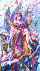  alternate_costume amenoma_kageuchi_(genshin_impact) bare_legs breasts cherry_blossoms chinese_commentary cleavage closed_mouth collarbone commentary_request crossed_legs crystalfly_(genshin_impact) electricity electro_symbol_(genshin_impact) electrokinesis engulfing_lightning_(genshin_impact) feet female flower footwear_request genshin_impact hair_flower hair_ornament haran_geppaku_futsu_(genshin_impact) hebbtia high_heel_sandals high_heels highres holding holding_polearm holding_weapon japanese_clothes kagotsurube_isshin_(genshin_impact) katana kimono large_breasts looking_at_viewer mistsplitter_reforged_(genshin_impact) mixed-language_commentary mole mole_under_eye multiple_swords multiple_weapons naginata off_shoulder planted planted_sword polearm purple_eyes purple_flower purple_hair purple_kimono purple_theme raiden_shogun redhorn_stonethresher_(genshin_impact) revision sandals sitting solo sword toes tree uraku_misugiri_(genshin_impact) weapon wide_shot wide_sleeves 