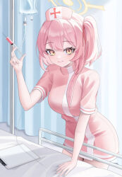  bed blue_archive blush breasts closed_mouth commentary_request curtains dress feather_hair female halo hat highres holding holding_syringe hospital_bed infirmary iv_stand looking_at_viewer nurse nurse_cap official_alternate_costume one_side_up pink_dress pink_eyes pink_hair pink_hat poyih privacy_screen serina_(blue_archive) serina_(nurse)_(blue_archive) short_sleeves smile solo syringe yellow_halo 
