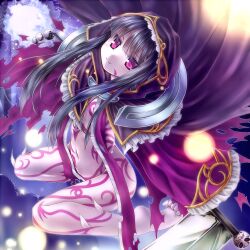  barefoot black_hair body_markings cloak death_alma emil_chronicle_online female ghost hood hooded_jacket hoodie jacket lowres maou_mikage navel purple_cloak purple_eyes purple_hoodie scythe shinigami soles torn_cloak torn_clothes 