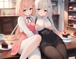  2girls :d absurdres black_bow black_pantyhose black_skirt blonde_hair blue_eyes blush bow breast_envy breasts cafe cake cat_hair_ornament chocolate_cake collared_shirt cup dress food fruit grabbing_own_breast hair_ornament hairclip heart_ornament highres indoors large_breasts long_hair long_sleeves looking_at_viewer multiple_girls open_mouth original pantyhose parallel_hairclips pink_dress red_eyes restaurant shirt sitting sitting_on_table skirt small_breasts smile strawberry white_hair white_pantyhose white_shirt yuri zhuan_yan_ruyan 