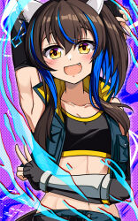  :d animal_ears arm_up armpits bare_shoulders belt black_belt black_sports_bra blue_hair blue_shorts blue_vest blush breasts brown_hair collarbone colored_inner_hair commentary_request cosplay cowboy_shot cropped_vest daitaku_helios_(umamusume) double_v ear_covers ear_ornament elbow_gloves female fingerless_gloves gloves hair_between_eyes highres horse_ears horse_girl horse_tail long_hair looking_at_viewer midriff multicolored_hair navel oerba_yun_fang open_clothes open_mouth open_vest sena_(xenoblade) sena_(xenoblade)_(cosplay) shorts side_ponytail sidelocks small_breasts smile solo sports_bra standing streaked_hair tail umamusume v vest xenoblade_chronicles_(series) xenoblade_chronicles_3 yasume_yukito yellow_eyes 