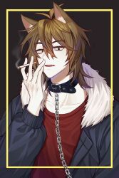  1boy animal_ear_fluff animal_ears antenna_hair black_collar black_jacket brown_hair chain_leash chains cigarette collar collarbone fur-trimmed_jacket fur_trim green_eyes hair_between_eyes highres holding holding_cigarette isoi_reiji jacket kemonomimi_mode leash long_sleeves male_focus oerba_yun_fang open_clothes open_jacket open_mouth pale_skin red_shirt saibou_shinkyoku shirt smoke solo sueon00 upper_body wolf_boy wolf_ears 