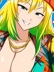  blonde_hair blue_background breasts female green_eyes green_hair grin hat looking_at_viewer okyou red_hat scar scar_on_cheek scar_on_face smile upper_body 