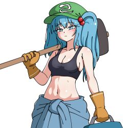  black_tank_top blue_eyes blue_hair blue_jacket blue_skirt blush breasts cabbie_hat cleavage closed_mouth clothes_around_waist crop_top ehehe52921343 female flat_cap gloves green_hat hair_bobbles hair_ornament hammer hat highres holding holding_hammer jacket jacket_around_waist kawashiro_nitori medium_breasts midriff navel simple_background skirt solo stomach tank_top toolbox touhou two_side_up white_background 