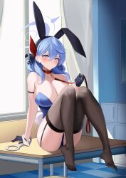  absurdres ako_(blue_archive) animal_ears bare_shoulders black_panties black_thighhighs blue_archive blue_eyes blue_hair blue_halo commentary fake_animal_ears feet halo highres jayamon leotard looking_at_viewer no_shoes panties playboy_bunny rabbit_ears single_handcuff solo strapless strapless_leotard thighhighs underwear 