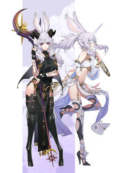  2girls absurdres animal_ears arm_tattoo black_dress black_mage_(final_fantasy) black_thighhighs boots chakram dancer_(final_fantasy) demon_horns detached_sleeves dress eye_mask final_fantasy final_fantasy_xiv fingerless_gloves gloves gold_jewelry harem_outfit high_heels highres holding holding_staff horns jewelry leg_armor looking_at_viewer midriff multiple_girls pelvic_curtain ponytail purple_eyes rabbit_ears rabbit_girl ring sleeveless sleeveless_dress smile spinel_(9057) staff standing standing_on_one_leg tattoo thigh_boots thighhighs thighs unicorn_horn viera warrior_of_light_(ff14) weapon white_bustier white_hair 