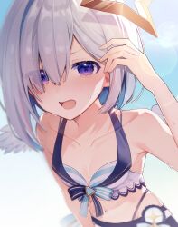  absurdres amane_kanata angel_wings asymmetrical_bangs asymmetrical_hair bikini bikini_skirt blue_hair bob_cut colored_inner_hair commentary feathered_wings female flat_chest front-tie_bikini_top front-tie_top grey_hair hair_over_one_eye halo hand_in_own_hair hand_up highleg highleg_bikini highres hololive hololive_summer_2023_swimsuit hot layered_bikini leaning_forward lens_flare looking_at_viewer mini_wings multicolored_hair official_alternate_costume pink_hair purple_eyes short_hair solo star_halo streaked_hair striped_bikini striped_clothes sunlight sweat swimsuit symbol-only_commentary tucking_hair uehara_(dormmmmir_) very_sweaty virtual_youtuber white_wings wings 