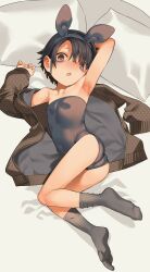  animal_ears arm_up armpits ass bags_under_eyes black_hair black_leotard blush clothes_down fake_animal_ears female flat_chest full_body grey_eyes highres jacket leotard looking_at_viewer lying miyamae_(miyazen9311) on_side open_mouth original pillow playboy_bunny short_hair short_haired_girl_(miyazen) socks solo 