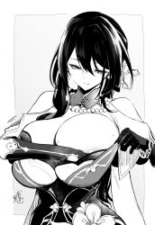  alternate_breast_size bead_necklace beads breasts chinese_clothes clothing_cutout collar female greyscale hair_ornament highres honkai:_star_rail honkai_(series) huge_breasts jewelry kurokawa_otogi monochrome multicolored_hair necklace pearl_necklace ruan_mei_(honkai:_star_rail) shoulder_cutout solo streaked_hair 