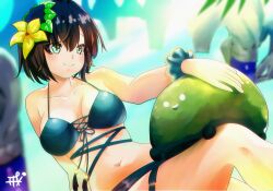  aoi_erika bikini black_bikini black_hair female flower green_eyes hair_flower hair_ornament head_wreath heaven_burns_red highres narvy_(heaven_burns_red) navel short_hair sitting solo swimsuit t_kutkut 