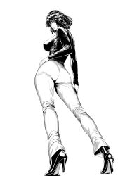  absurdres ass black_footwear black_shirt breasts female from_behind fubuki_(one-punch_man) full_body hand_on_own_hip high_heels highres looking_at_viewer mostlybluewyatt shirt short_hair sideboob swaying unfinished 