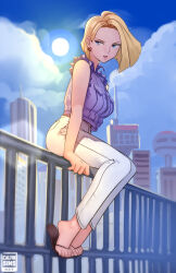  android_18 artist_logo artist_name bare_shoulders blonde_hair blue_eyes blue_sky breasts calvin_sims cityscape cloud cloudy_sky commentary dragon_ball dragon_ball_z earrings english_commentary eyelashes feet female flip-flops forehead full_body highres jacket jewelry legs lens_flare medium_breasts medium_hair on_railing outdoors pants parted_lips purple_jacket railing sandals shadow sitting sky solo sun toenails toes torn_clothes torn_sleeves white_pants 