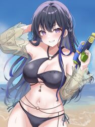  absurdres akue asymmetrical_bikini beach bead_belt belly_chain belt bikini black_bikini black_hair blue_hair blue_sky blue_streaks braid breasts crossed_bangs day detached_sleeves female hair_between_eyes halterneck highres holding holding_water_gun ichinose_uruha ichinose_uruha_(vspo!_summer_2024) jewelry large_breasts long_hair long_sleeves looking_at_viewer multicolored_hair navel o-ring o-ring_belt o-ring_bikini o-ring_top ocean outdoors purple_eyes ring see-through see-through_sleeves side-tie_bikini_bottom side_braid sky solo stomach streaked_hair swimsuit very_long_hair virtual_youtuber vspo! water water_gun 