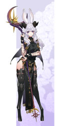  absurdres animal_ears arm_tattoo black_dress black_mage_(final_fantasy) black_thighhighs boots demon_horns dress female final_fantasy final_fantasy_xiv fingerless_gloves gloves highres holding holding_staff horns jewelry looking_at_viewer pelvic_curtain ponytail purple_eyes rabbit_ears rabbit_girl ring sleeveless sleeveless_dress smile solo spinel_(9057) staff tattoo thigh_boots thighhighs thighs viera warrior_of_light_(ff14) white_hair 