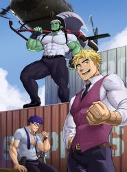  3boys aircraft android axe bara belt black_eyes black_hair blonde_hair blue_sky bulge cloud container fingerless_gloves glasses gloves green_eyes helicopter hideki_(maximus9873) hidekiryouji highres holding holding_axe holding_weapon leather leather_belt looking_at_viewer male_focus manly mature_male multicolored_hair multiple_boys muscular muscular_male necktie orc original outdoors potion purple_hair shirt shoes short_hair sky smirk spiked_hair sword teeth thick_arms thick_eyebrows thick_thighs thighs tight_clothes tongue tusks unbuttoned vest weapon white_hair 